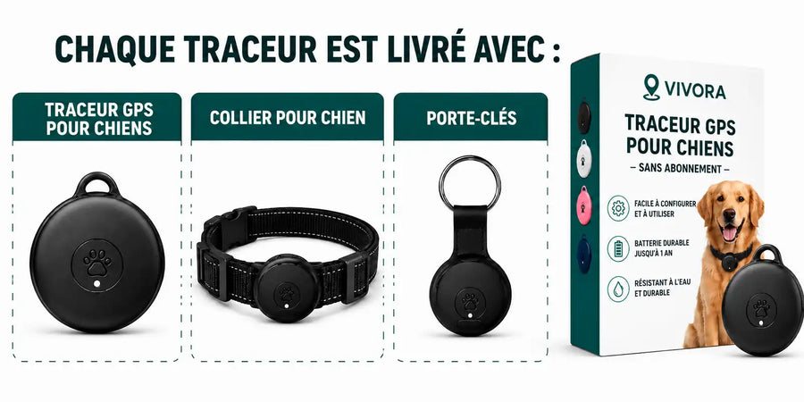 Chaque traceur GPS pour chien est livré avec : traceur, collier et porte-clés