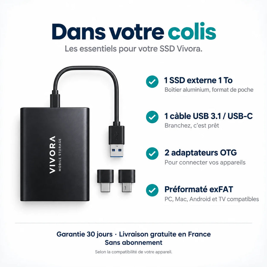 Dans votre colis : SSD externe, câble USB 3.1/USB-C et 2 adaptateurs OTG