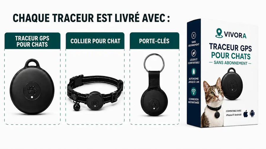 Chaque traceur GPS pour chat est livr&eacute; avec : traceur, collier et porte-cl&eacute;s